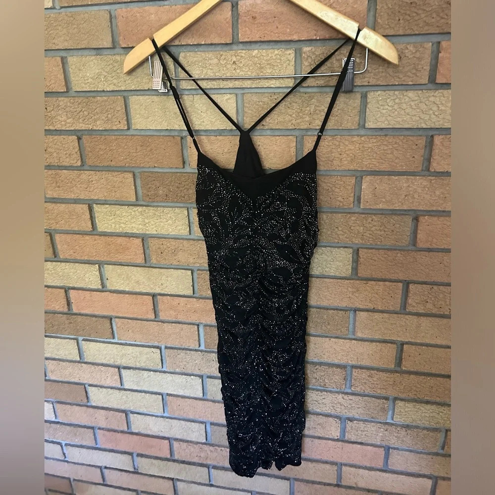NWT AFRM Black Rhinestone Mini Rouched Cocktail Dress w/ Flower Size Small HOCO - Picture 4 of 4